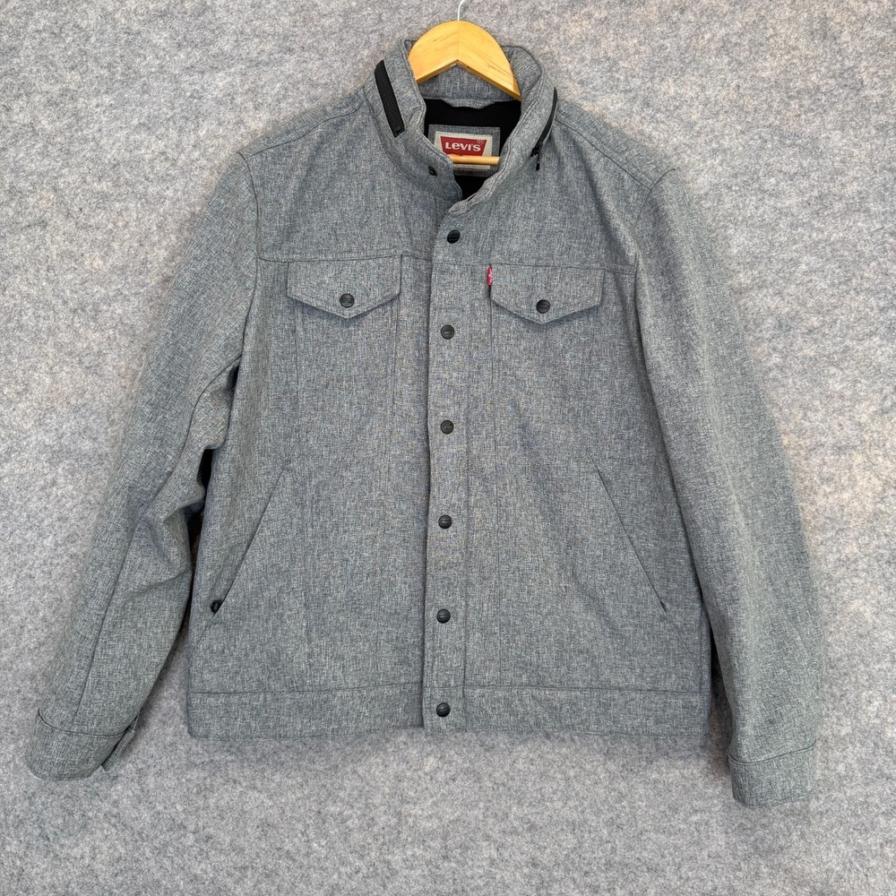 Levi's Soft Shell Trucker Jacket Mens Large Lined Gray Snap Zip Removable‎ Hood